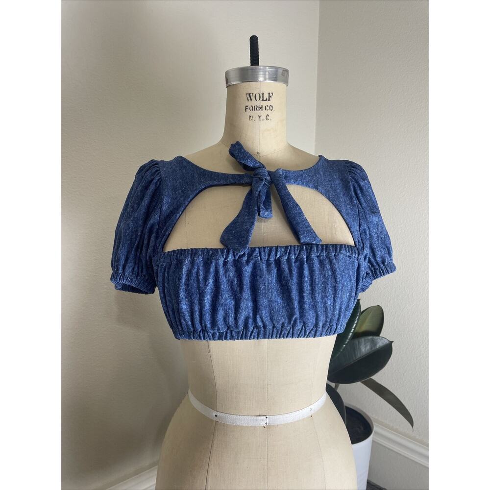 We Wore What Womans Medium Blue Bikini Lily Swim Top Dark Wash Denim Texture